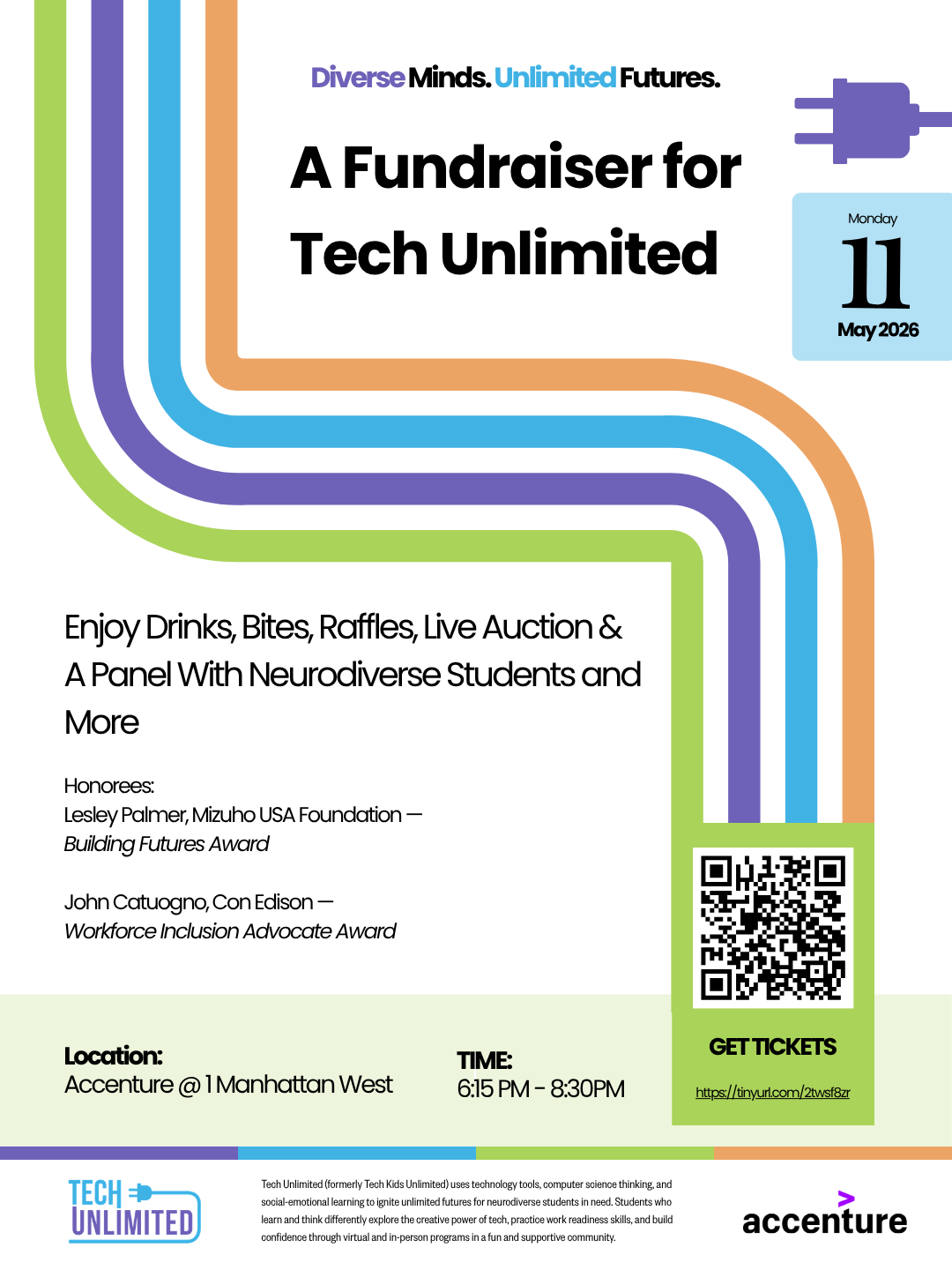 An invitation for Tech Unlimited Fundraiser, being held on May 11 at 6:15pm in Accenture offices in One Manhattan West