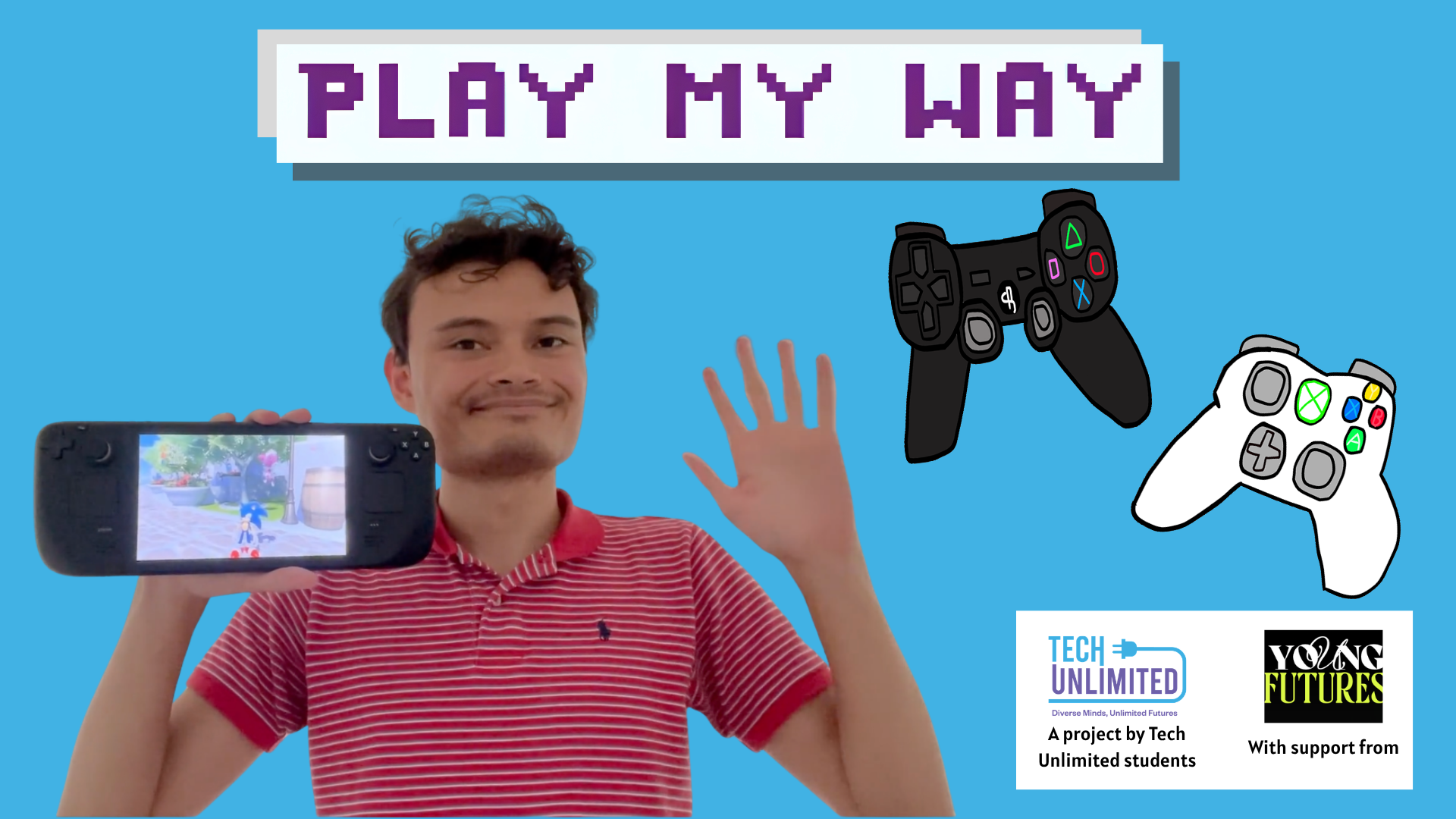 Tech Unlimited student holds up his favorite video game alongside video game graphics.
